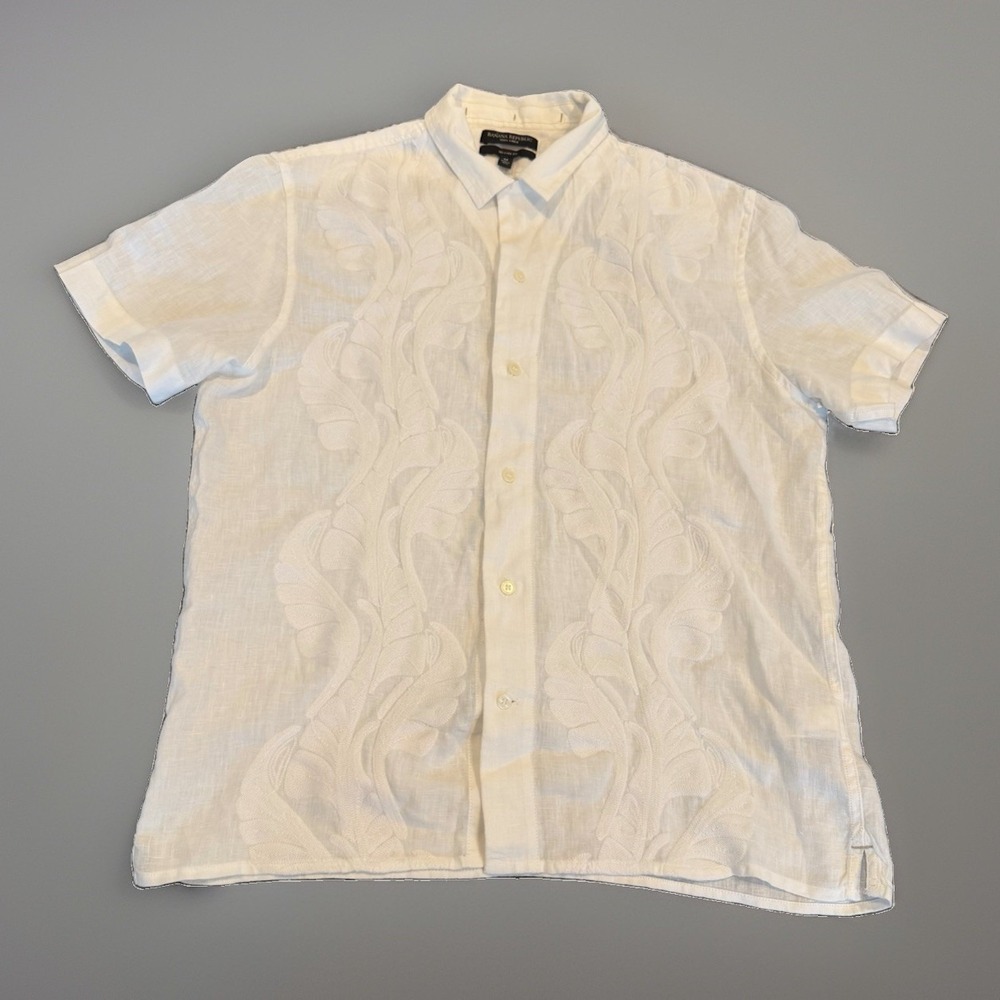 Banana Republic Linen Blend Embroidered Camp Collar Shirt White Medium